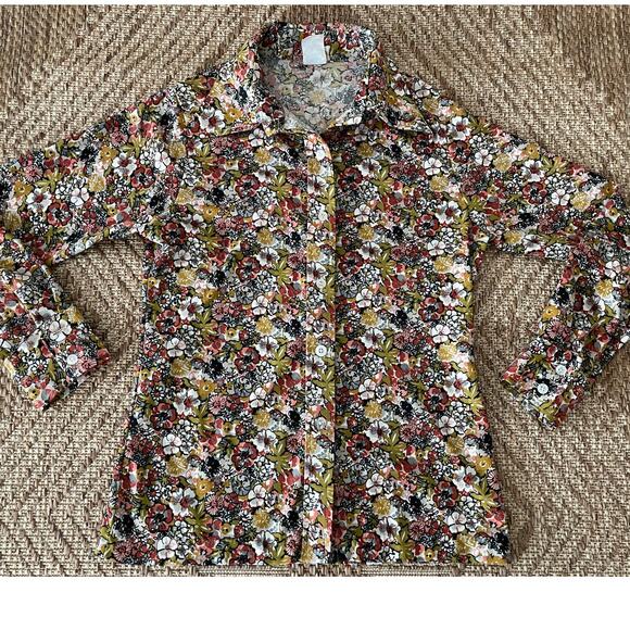 Vintage Floral DOUBLE KNIT 70s Blouse button Front SZ Large - Picture 1 of 8